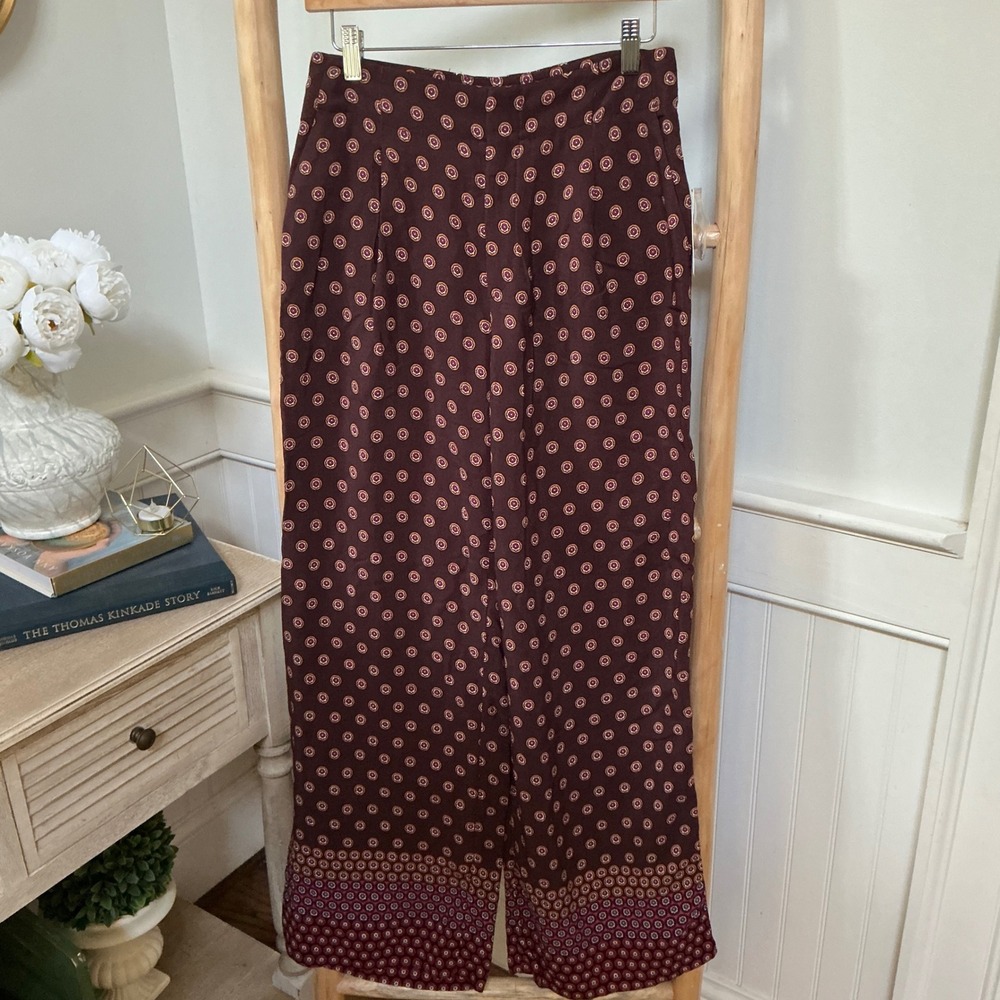 Anthropologie Medallion Print Wide Leg Pants Burgundy Plum Boho Trousers Size 2